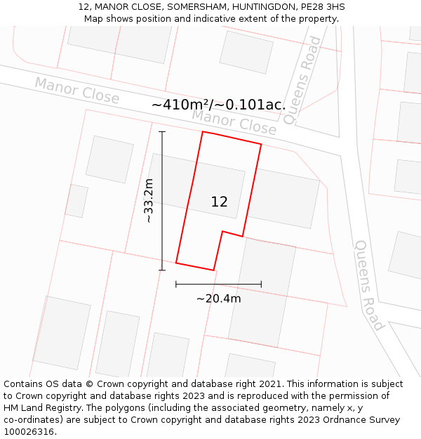 12, MANOR CLOSE, SOMERSHAM, HUNTINGDON, PE28 3HS: Plot and title map