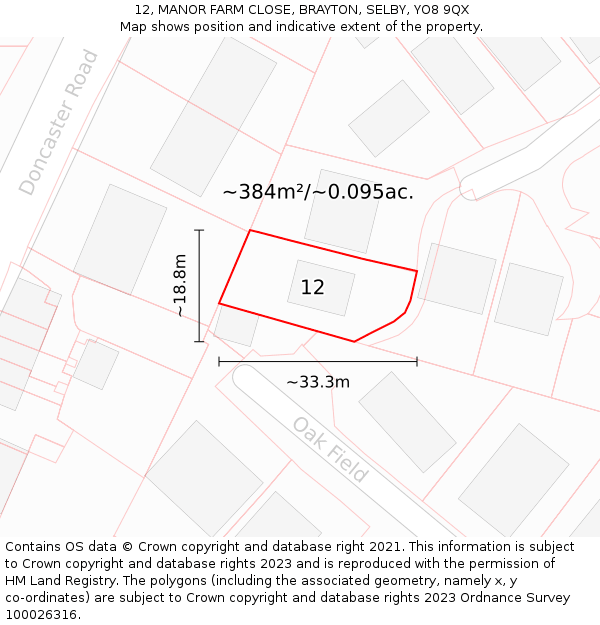 12, MANOR FARM CLOSE, BRAYTON, SELBY, YO8 9QX: Plot and title map