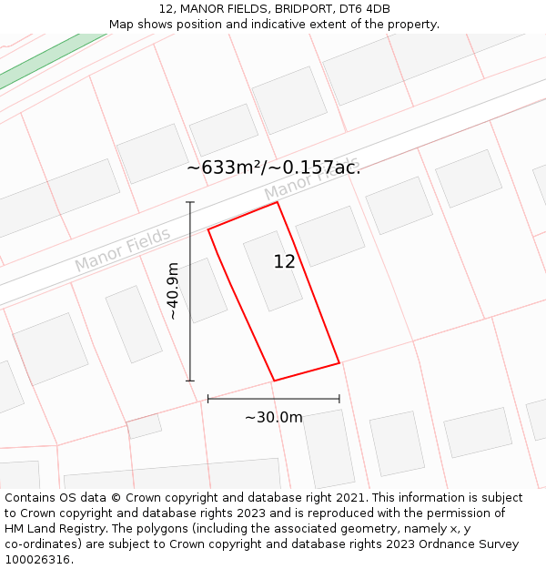 12, MANOR FIELDS, BRIDPORT, DT6 4DB: Plot and title map