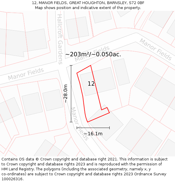 12, MANOR FIELDS, GREAT HOUGHTON, BARNSLEY, S72 0BF: Plot and title map