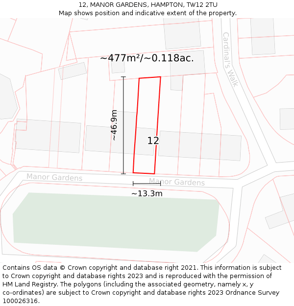 12, MANOR GARDENS, HAMPTON, TW12 2TU: Plot and title map