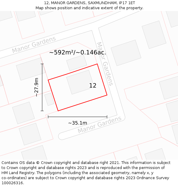 12, MANOR GARDENS, SAXMUNDHAM, IP17 1ET: Plot and title map