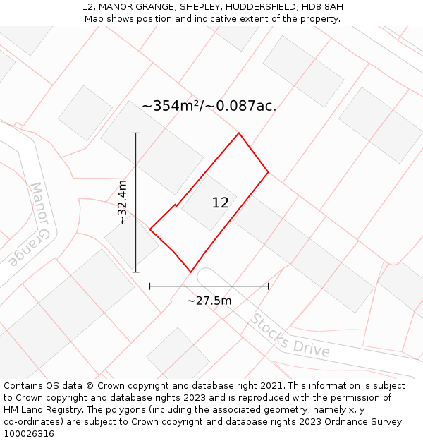 12, MANOR GRANGE, SHEPLEY, HUDDERSFIELD, HD8 8AH: Plot and title map