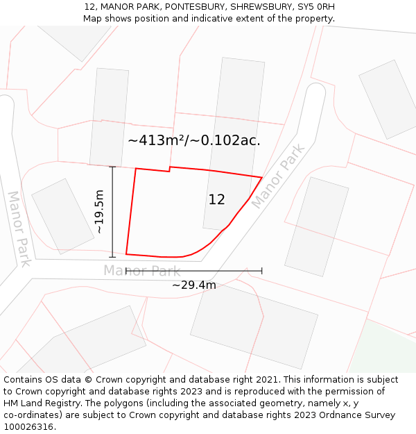 12, MANOR PARK, PONTESBURY, SHREWSBURY, SY5 0RH: Plot and title map
