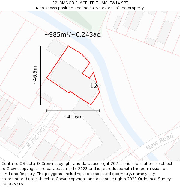 12, MANOR PLACE, FELTHAM, TW14 9BT: Plot and title map