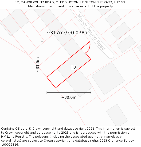 12, MANOR POUND ROAD, CHEDDINGTON, LEIGHTON BUZZARD, LU7 0SL: Plot and title map