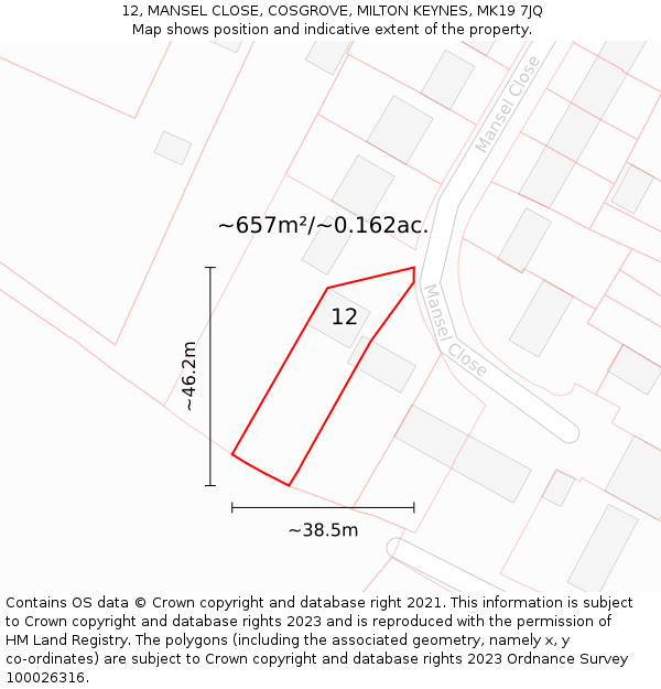 12, MANSEL CLOSE, COSGROVE, MILTON KEYNES, MK19 7JQ: Plot and title map