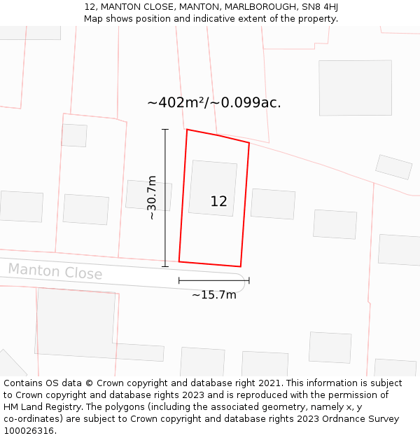 12, MANTON CLOSE, MANTON, MARLBOROUGH, SN8 4HJ: Plot and title map