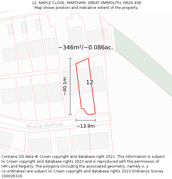 12, MAPLE CLOSE, MARTHAM, GREAT YARMOUTH, NR29 4SE: Plot and title map