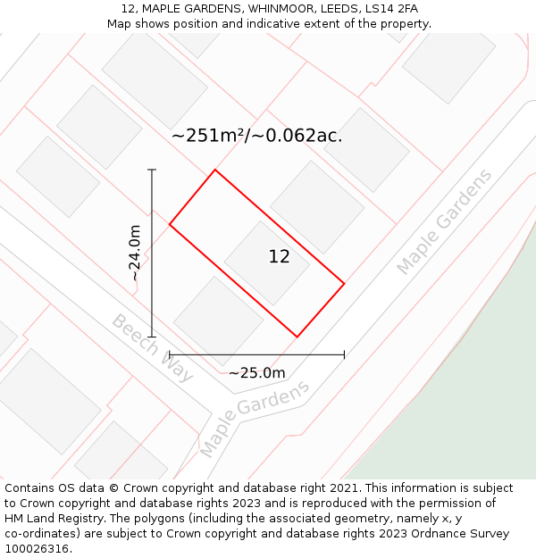 12, MAPLE GARDENS, WHINMOOR, LEEDS, LS14 2FA: Plot and title map