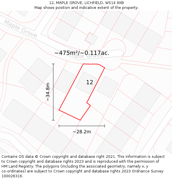12, MAPLE GROVE, LICHFIELD, WS14 9XB: Plot and title map
