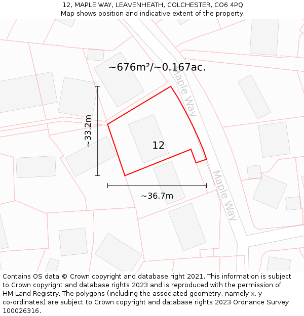 12, MAPLE WAY, LEAVENHEATH, COLCHESTER, CO6 4PQ: Plot and title map