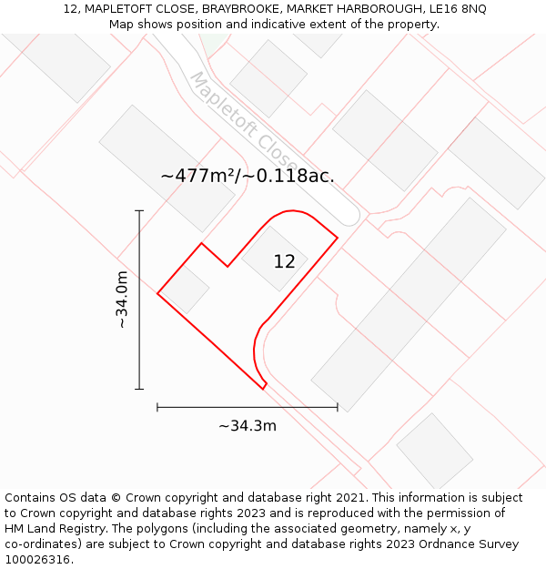 12, MAPLETOFT CLOSE, BRAYBROOKE, MARKET HARBOROUGH, LE16 8NQ: Plot and title map