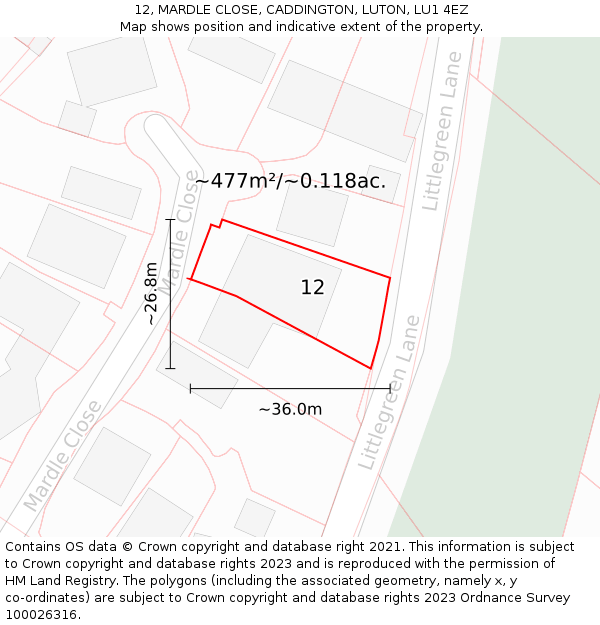 12, MARDLE CLOSE, CADDINGTON, LUTON, LU1 4EZ: Plot and title map