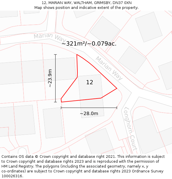 12, MARIAN WAY, WALTHAM, GRIMSBY, DN37 0XN: Plot and title map