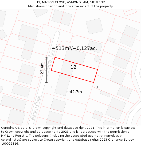 12, MARION CLOSE, WYMONDHAM, NR18 0ND: Plot and title map