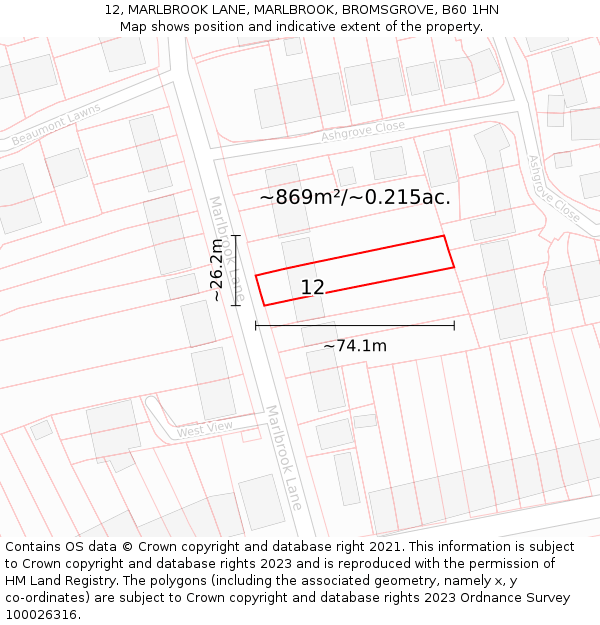 12, MARLBROOK LANE, MARLBROOK, BROMSGROVE, B60 1HN: Plot and title map