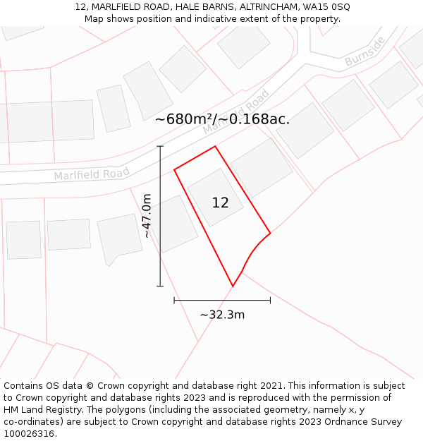 12, MARLFIELD ROAD, HALE BARNS, ALTRINCHAM, WA15 0SQ: Plot and title map