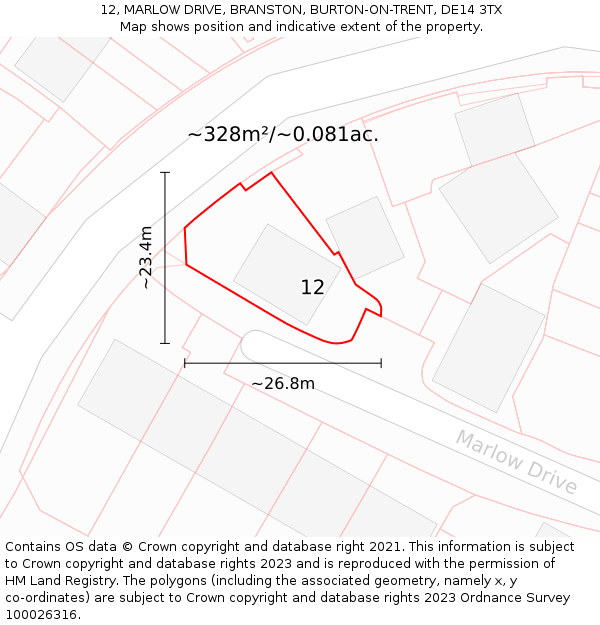 12, MARLOW DRIVE, BRANSTON, BURTON-ON-TRENT, DE14 3TX: Plot and title map