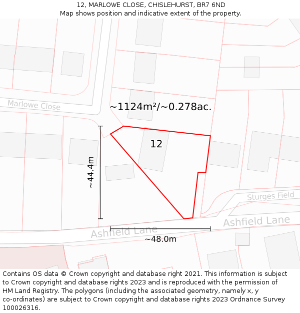 12, MARLOWE CLOSE, CHISLEHURST, BR7 6ND: Plot and title map