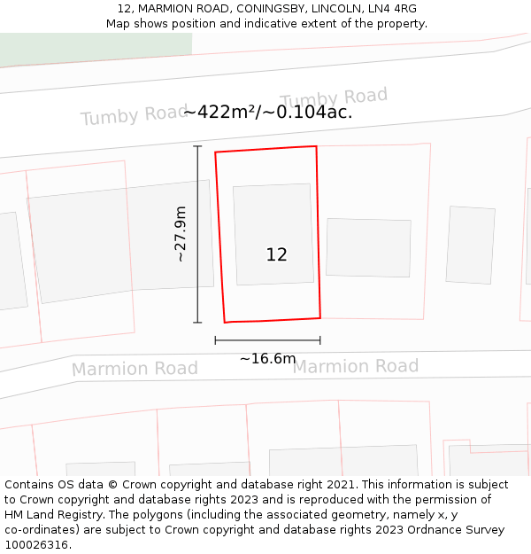 12, MARMION ROAD, CONINGSBY, LINCOLN, LN4 4RG: Plot and title map