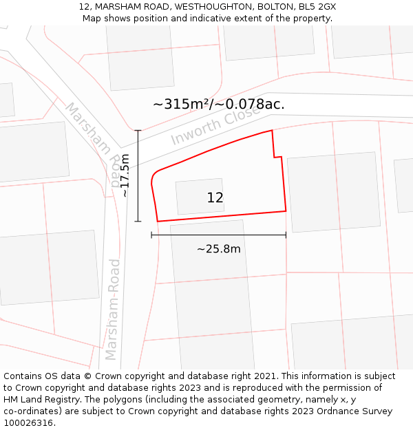 12, MARSHAM ROAD, WESTHOUGHTON, BOLTON, BL5 2GX: Plot and title map