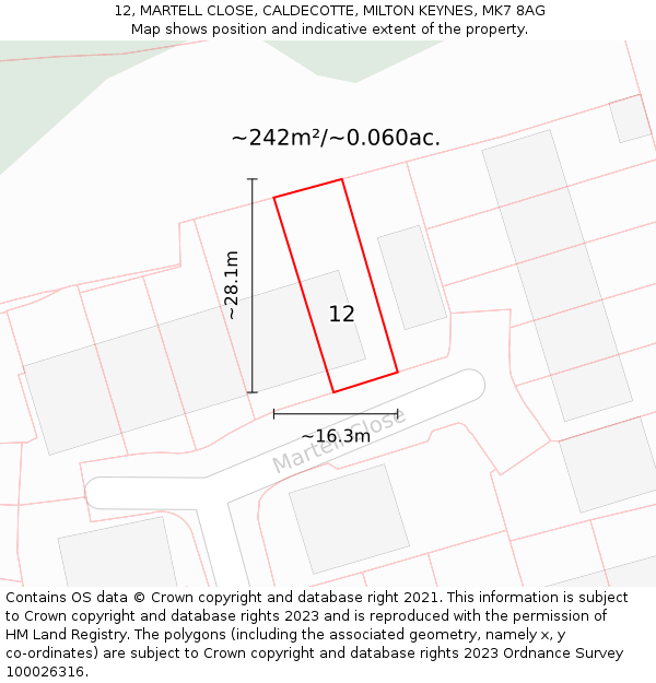 12, MARTELL CLOSE, CALDECOTTE, MILTON KEYNES, MK7 8AG: Plot and title map