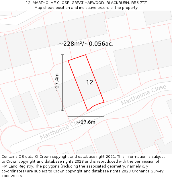 12, MARTHOLME CLOSE, GREAT HARWOOD, BLACKBURN, BB6 7TZ: Plot and title map