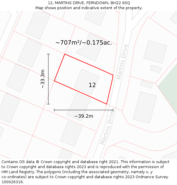 12, MARTINS DRIVE, FERNDOWN, BH22 9SQ: Plot and title map