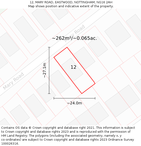 12, MARY ROAD, EASTWOOD, NOTTINGHAM, NG16 2AH: Plot and title map