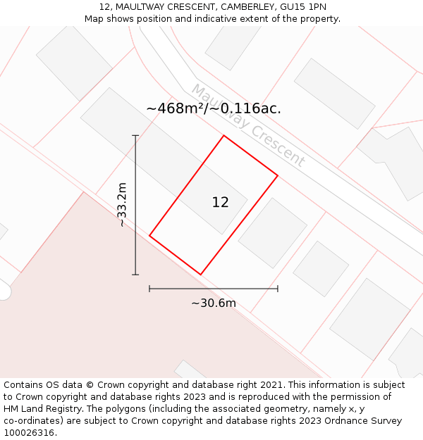 12, MAULTWAY CRESCENT, CAMBERLEY, GU15 1PN: Plot and title map
