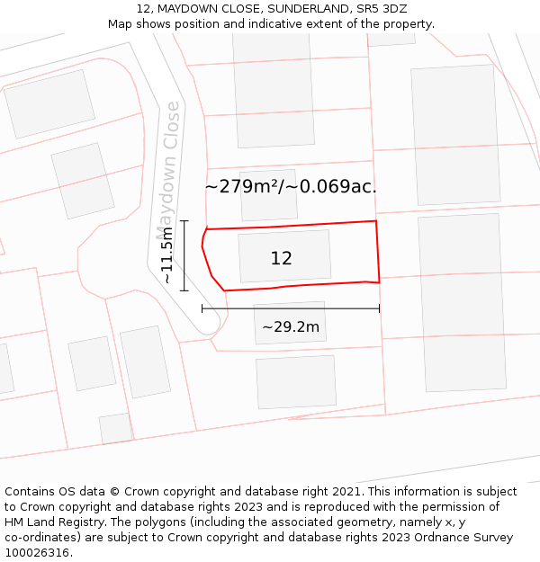 12, MAYDOWN CLOSE, SUNDERLAND, SR5 3DZ: Plot and title map
