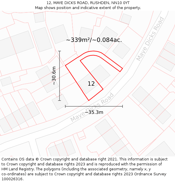 12, MAYE DICKS ROAD, RUSHDEN, NN10 0YT: Plot and title map
