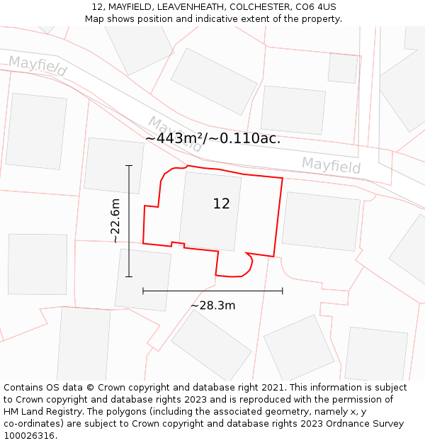 12, MAYFIELD, LEAVENHEATH, COLCHESTER, CO6 4US: Plot and title map