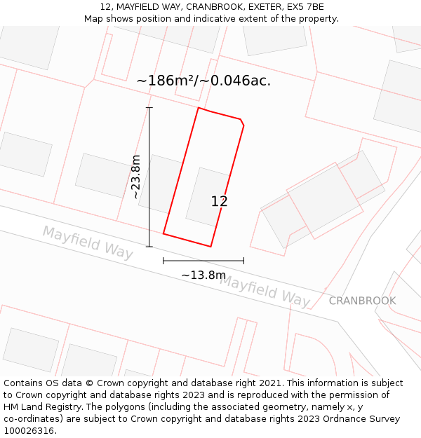 12, MAYFIELD WAY, CRANBROOK, EXETER, EX5 7BE: Plot and title map
