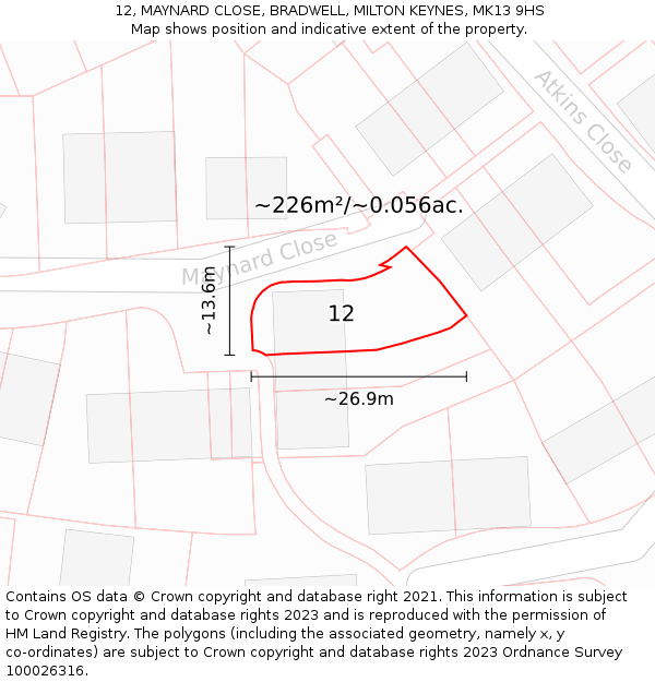 12, MAYNARD CLOSE, BRADWELL, MILTON KEYNES, MK13 9HS: Plot and title map