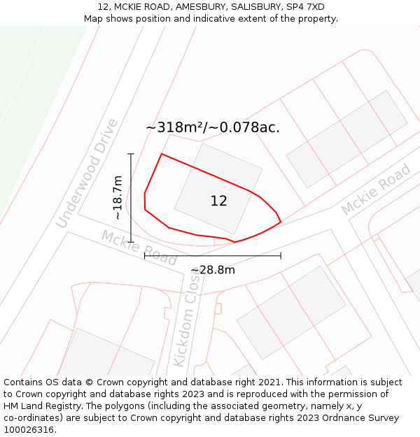 12, MCKIE ROAD, AMESBURY, SALISBURY, SP4 7XD: Plot and title map