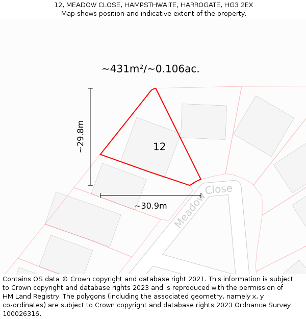 12, MEADOW CLOSE, HAMPSTHWAITE, HARROGATE, HG3 2EX: Plot and title map
