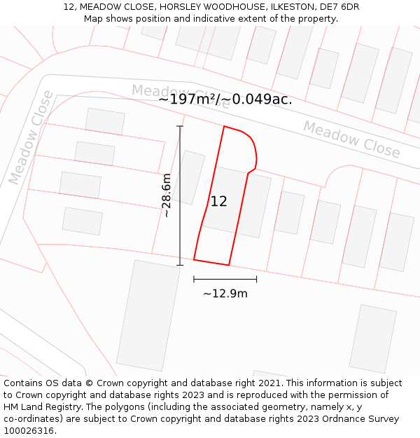 12, MEADOW CLOSE, HORSLEY WOODHOUSE, ILKESTON, DE7 6DR: Plot and title map