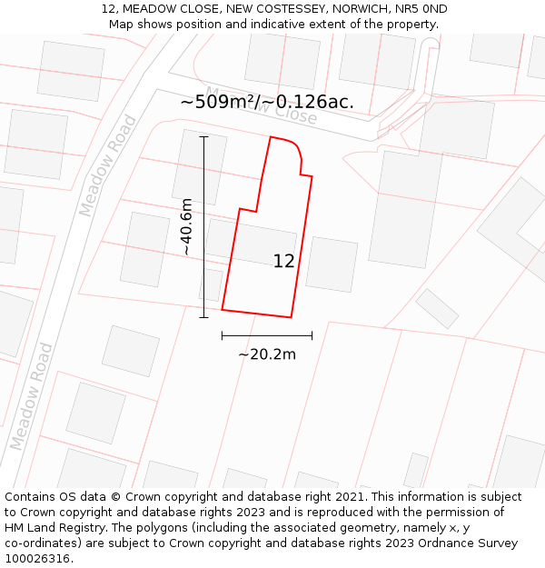 12, MEADOW CLOSE, NEW COSTESSEY, NORWICH, NR5 0ND: Plot and title map