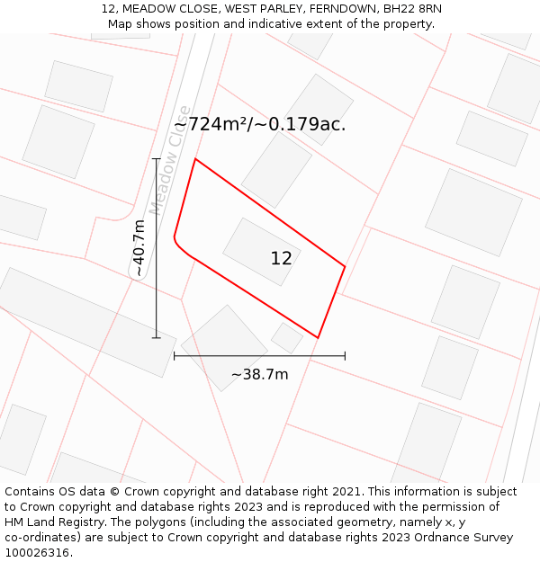 12, MEADOW CLOSE, WEST PARLEY, FERNDOWN, BH22 8RN: Plot and title map