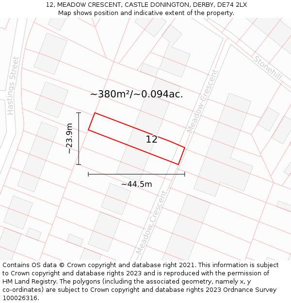 12, MEADOW CRESCENT, CASTLE DONINGTON, DERBY, DE74 2LX: Plot and title map