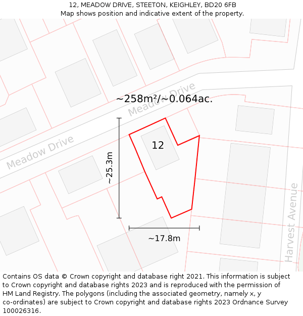 12, MEADOW DRIVE, STEETON, KEIGHLEY, BD20 6FB: Plot and title map