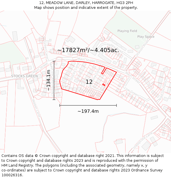12, MEADOW LANE, DARLEY, HARROGATE, HG3 2PH: Plot and title map