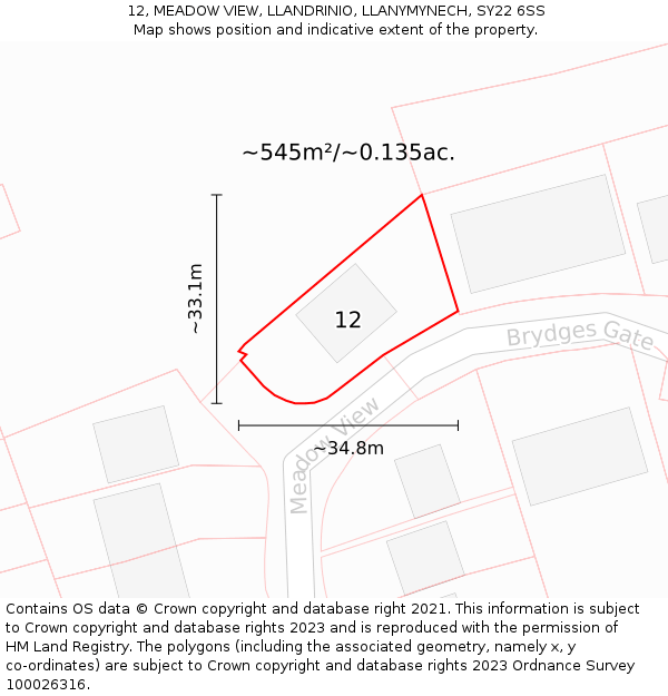 12, MEADOW VIEW, LLANDRINIO, LLANYMYNECH, SY22 6SS: Plot and title map