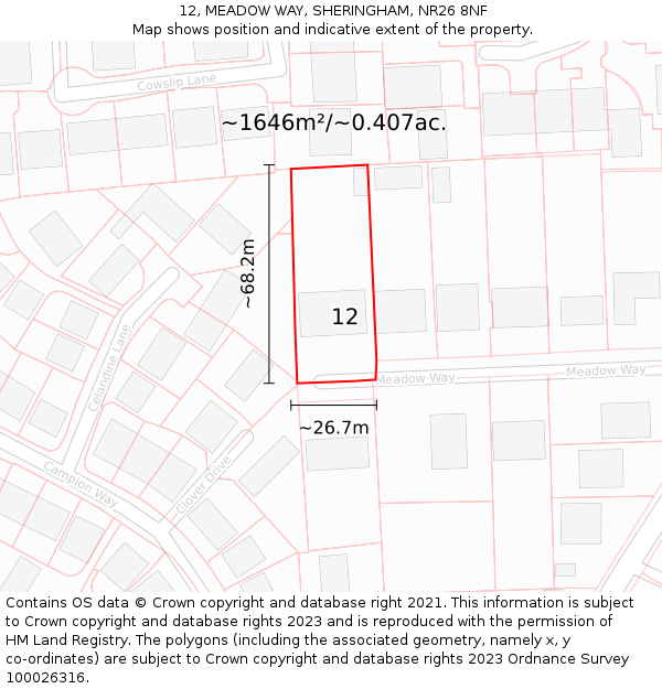 12, MEADOW WAY, SHERINGHAM, NR26 8NF: Plot and title map
