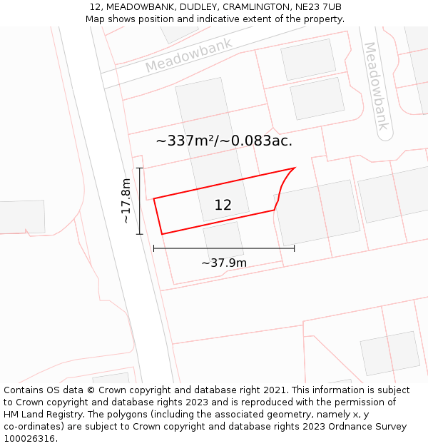 12, MEADOWBANK, DUDLEY, CRAMLINGTON, NE23 7UB: Plot and title map