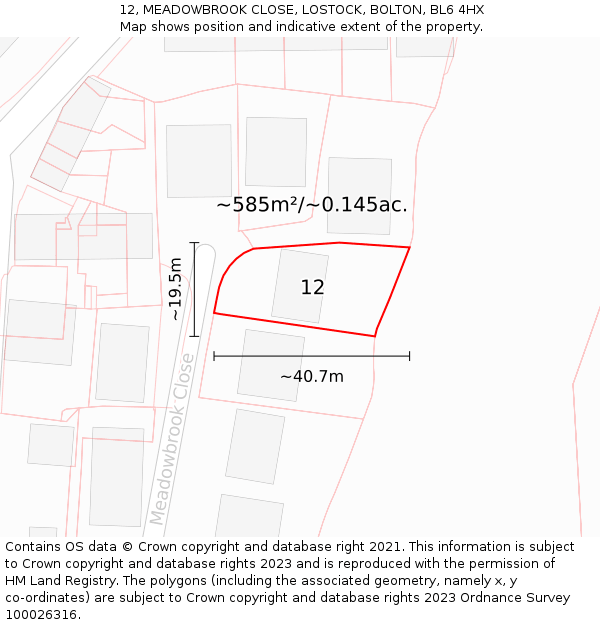 12, MEADOWBROOK CLOSE, LOSTOCK, BOLTON, BL6 4HX: Plot and title map
