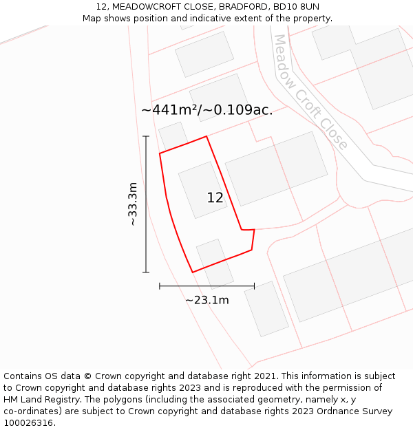 12, MEADOWCROFT CLOSE, BRADFORD, BD10 8UN: Plot and title map
