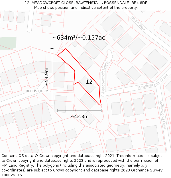 12, MEADOWCROFT CLOSE, RAWTENSTALL, ROSSENDALE, BB4 8DF: Plot and title map